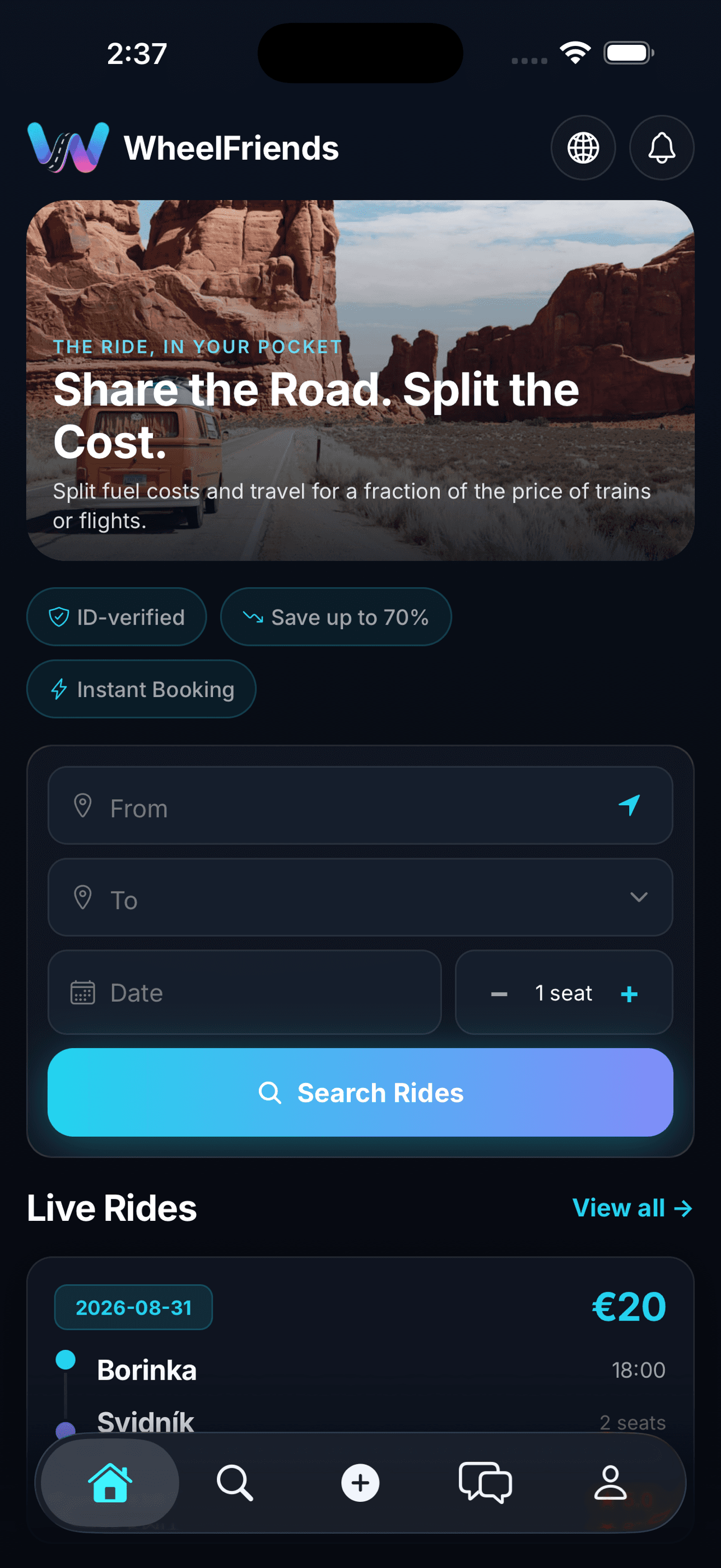 WheelFriends app on iPhone — Home